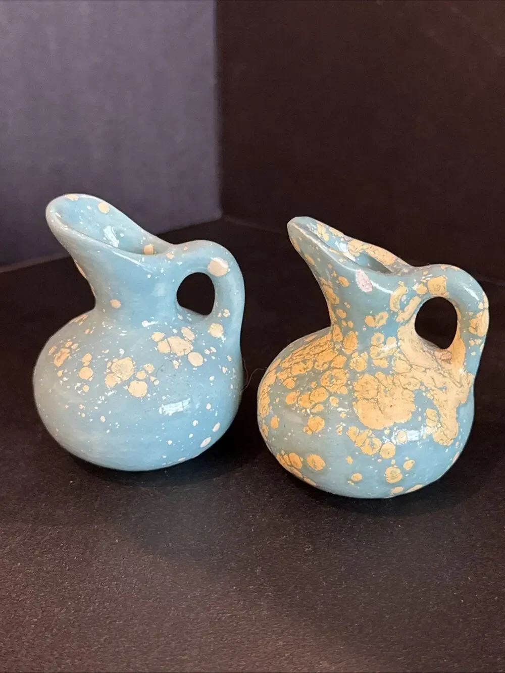 Pair Vintage Mini Blue Pottery Pitchers Cream Speckled Glaze Bud Vases 2.5”